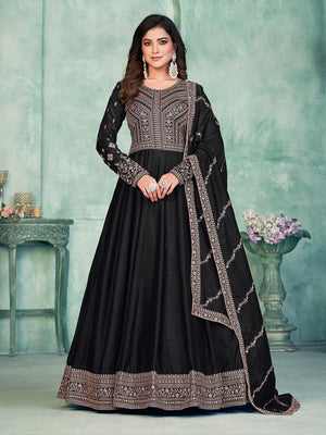 Rajwada Black Art Silk Embroidered Semi stitched Kurta Set with Inner For Women