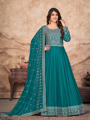 Rajwada Teal Art Silk Embroidered Semi stitched Kurta Set For Women