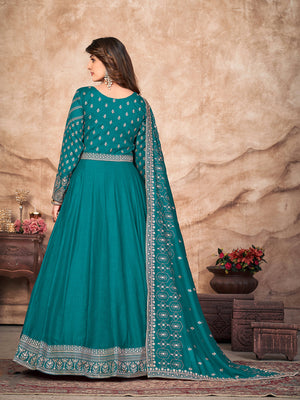 Rajwada Teal Art Silk Embroidered Semi stitched Kurta Set For Women