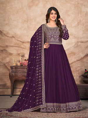 Rajwada Purple Art Silk Embroidered Semi stitched Kurta Set For Women