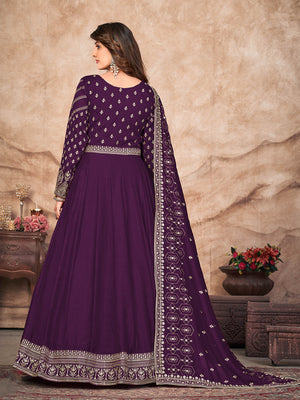 Rajwada Purple Art Silk Embroidered Semi stitched Kurta Set For Women