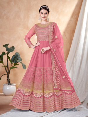 Rajwada Pink Net Embellished Semi stitched Kurta Set with Inner For Women