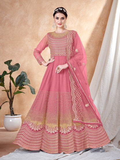 Rajwada Pink Net Embellished Semi stitched Kurta Set with Inner For Women