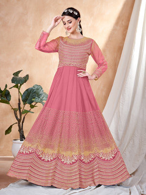 Rajwada Pink Net Embellished Semi stitched Kurta Set with Inner For Women