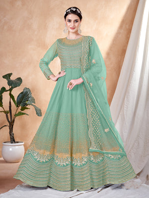 Rajwada Sea Green Net Embellished Semi stitched Kurta Set with Inner For Women