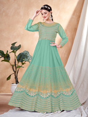 Rajwada Sea Green Net Embellished Semi stitched Kurta Set with Inner For Women
