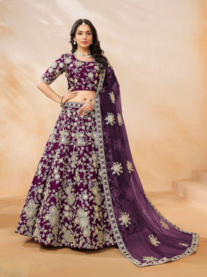 Rajwada Wine Silk Blend Embellished Lehenga For Women