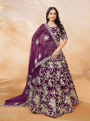 Rajwada Wine Silk Blend Embellished Lehenga For Women