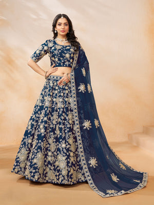 Rajwada Navy Blue Embroidered Art Silk Semi Stitched Lehenga With Unstitched Blouse For Women