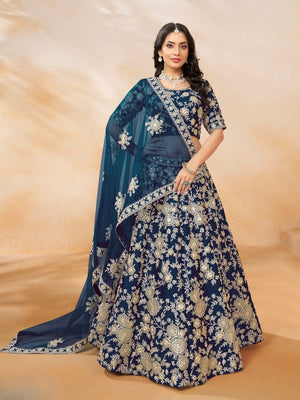 Rajwada Navy Blue Silk Blend Embellished Lehenga For Women