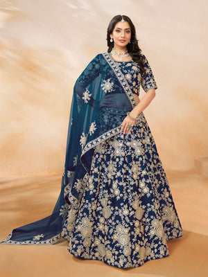 Rajwada Navy Blue Embroidered Art Silk Semi Stitched Lehenga With Unstitched Blouse For Women