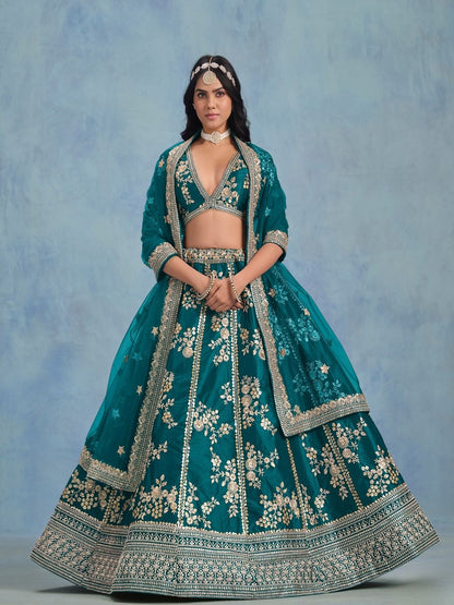 Rajwada Deep Aqua Blue Silk Blend Embellished Lehenga For Women