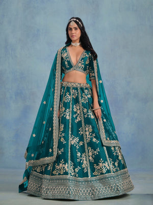 Rajwada Deep Aqua Blue Silk Blend Embellished Lehenga For Women