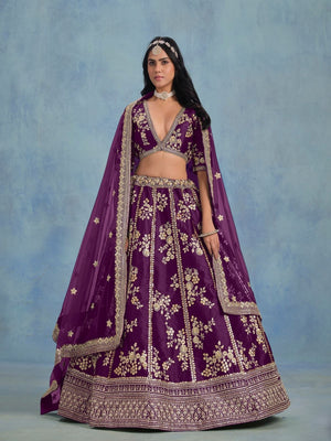 Rajwada Wine Silk Blend Embellished Lehenga For Women