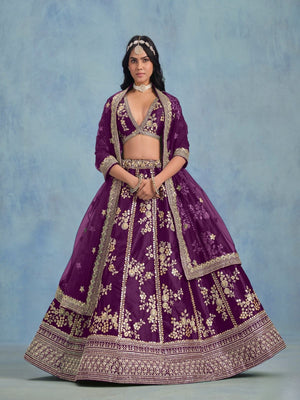 Rajwada Wine Silk Blend Embellished Lehenga For Women