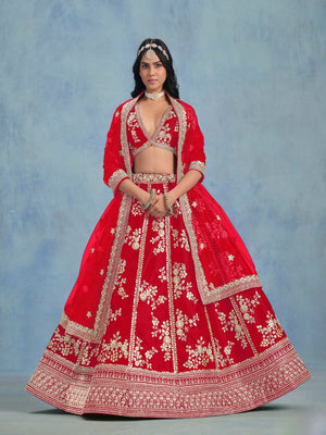 Rajwada Red Silk Blend Embellished Lehenga For Women