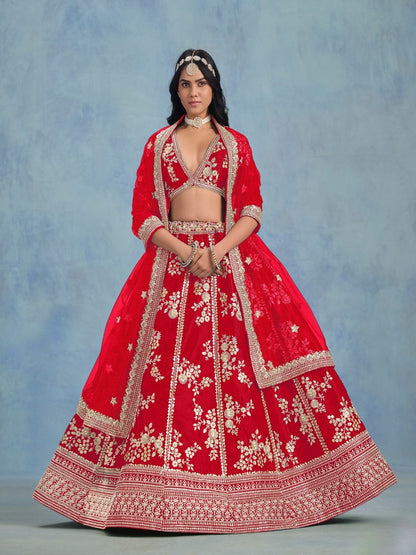 Rajwada Red Silk Blend Embellished Lehenga For Women
