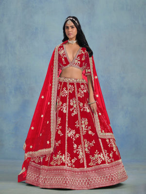 Rajwada Red Silk Blend Embellished Lehenga For Women