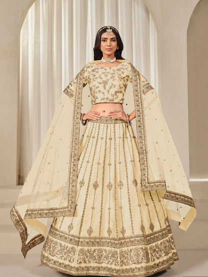 Rajwada Ivory Silk Blend Embellished Lehenga For Women