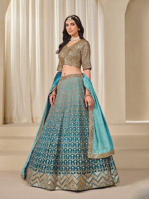 Rajwada Light Blue Silk Blend Embellished Lehenga For Women