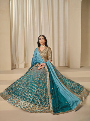 Rajwada Light Blue Silk Blend Embellished Lehenga For Women
