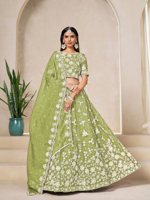 Rajwada Pista Green Organza Embroidered Lehenga For Women