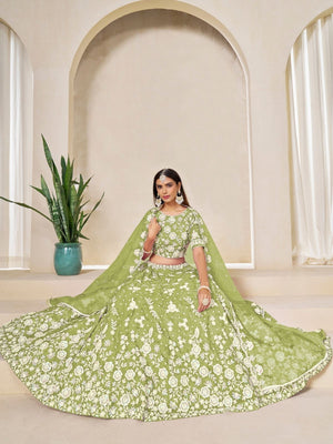 Rajwada Pista Green Organza Embroidered Lehenga For Women