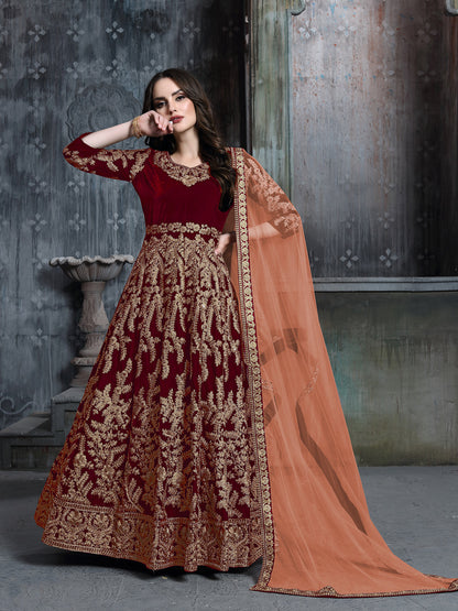 Rajwada Red Velvet Embroidered Semi stitched Kurta Set For Women