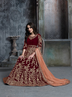Rajwada Red Velvet Embroidered Semi stitched Kurta Set For Women