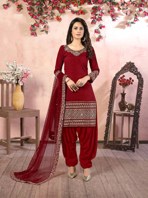 Rajwada Red Art Silk Embroidered Semi stitched Kurta Set For Women