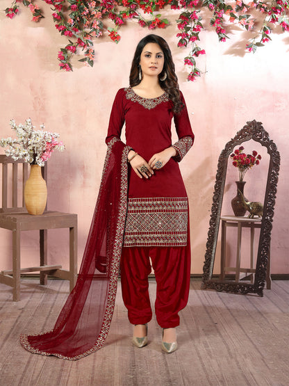 Rajwada Red Art Silk Embroidered Semi stitched Kurta Set For Women