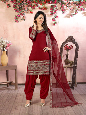 Rajwada Red Art Silk Embroidered Semi stitched Kurta Set For Women