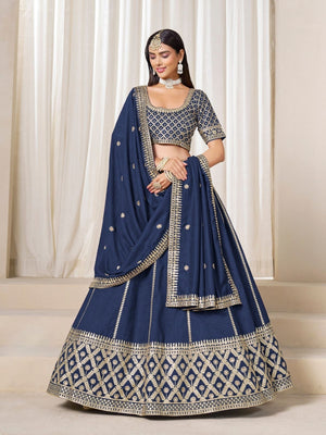 Rajwada Navy Blue Silk Blend Embellished Lehenga For Women
