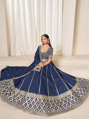 Rajwada Navy Blue Silk Blend Embellished Lehenga For Women