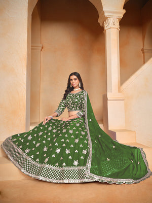 Rajwada Green Embroidered Organza Semi Stitched Lehenga With Unstitched Blouse For Women
