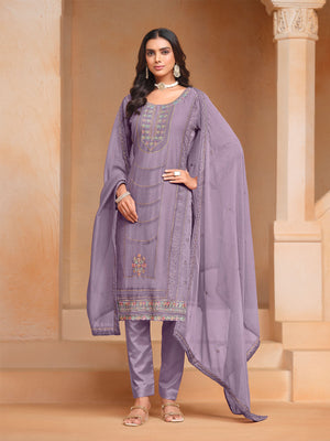 Rajwada Purple Embroidered Organza Semi Stitched Kurta Set With Dupatta For Women