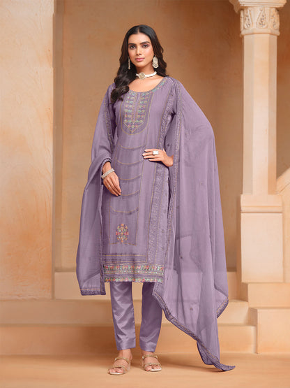 Rajwada Purple Embroidered Organza Semi Stitched Kurta Set With Dupatta For Women