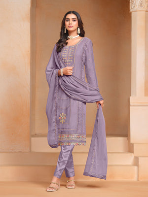 Rajwada Purple Embroidered Organza Semi Stitched Kurta Set With Dupatta For Women