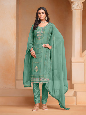 Rajwada Sea Green Embroidered Organza Semi Stitched Kurta Set With Dupatta For Women