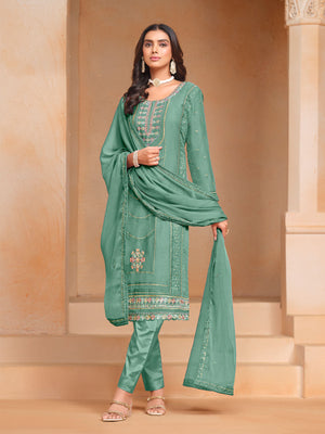 Rajwada Sea Green Embroidered Organza Semi Stitched Kurta Set With Dupatta For Women