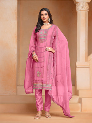 Rajwada Pink Embroidered Organza Semi Stitched Kurta Set With Dupatta For Women