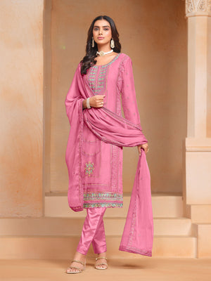 Rajwada Pink Embroidered Organza Semi Stitched Kurta Set With Dupatta For Women