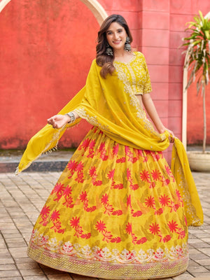 Rajwada Mustard And Red Silk Blend Embellished Lehenga For Women