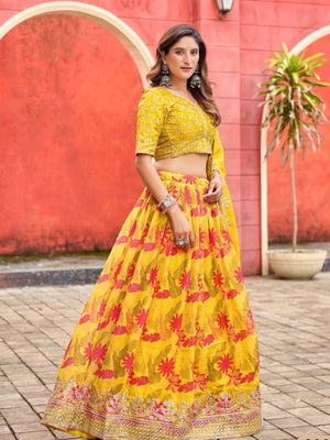 Rajwada Mustard And Red Silk Blend Embellished Lehenga For Women