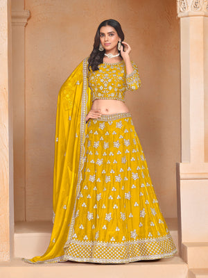 Rajwada Yellow Embroidered Organza Semi Stitched Lehenga With Unstitched Blouse For Women