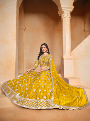 Rajwada Yellow Embroidered Organza Semi Stitched Lehenga With Unstitched Blouse For Women
