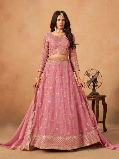 Rajwada Dusty Pink Organza Embellished Lehenga For Women