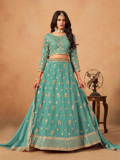 Rajwada Sea Green Organza Embellished Lehenga For Women