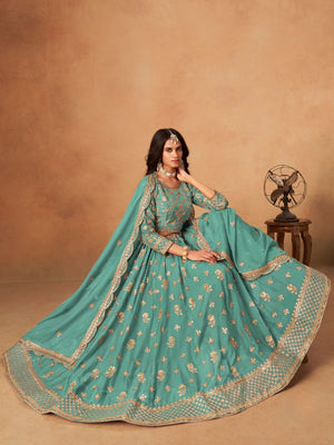 Rajwada Sea Green Organza Embellished Lehenga For Women