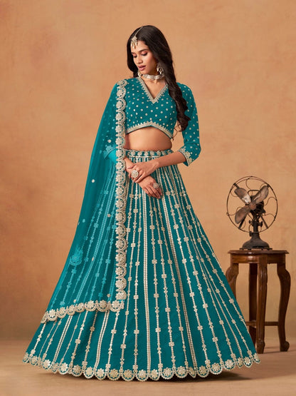 Rajwada Teal Blue Silk Blend Embellished Lehenga For Women